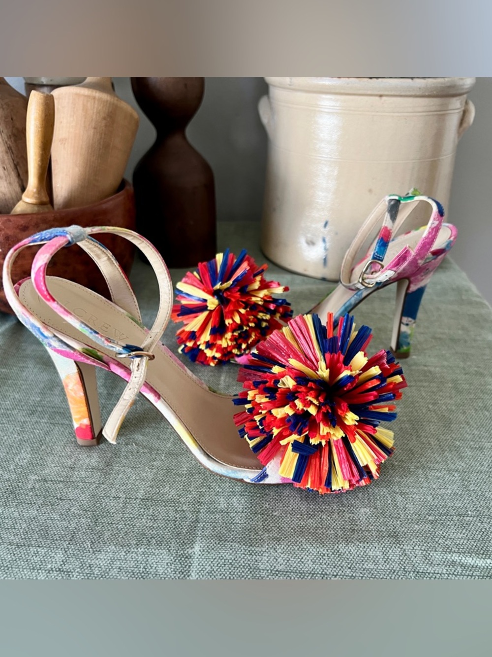 J. Crew raffia rainbow Pom-Pom Strappy Heels